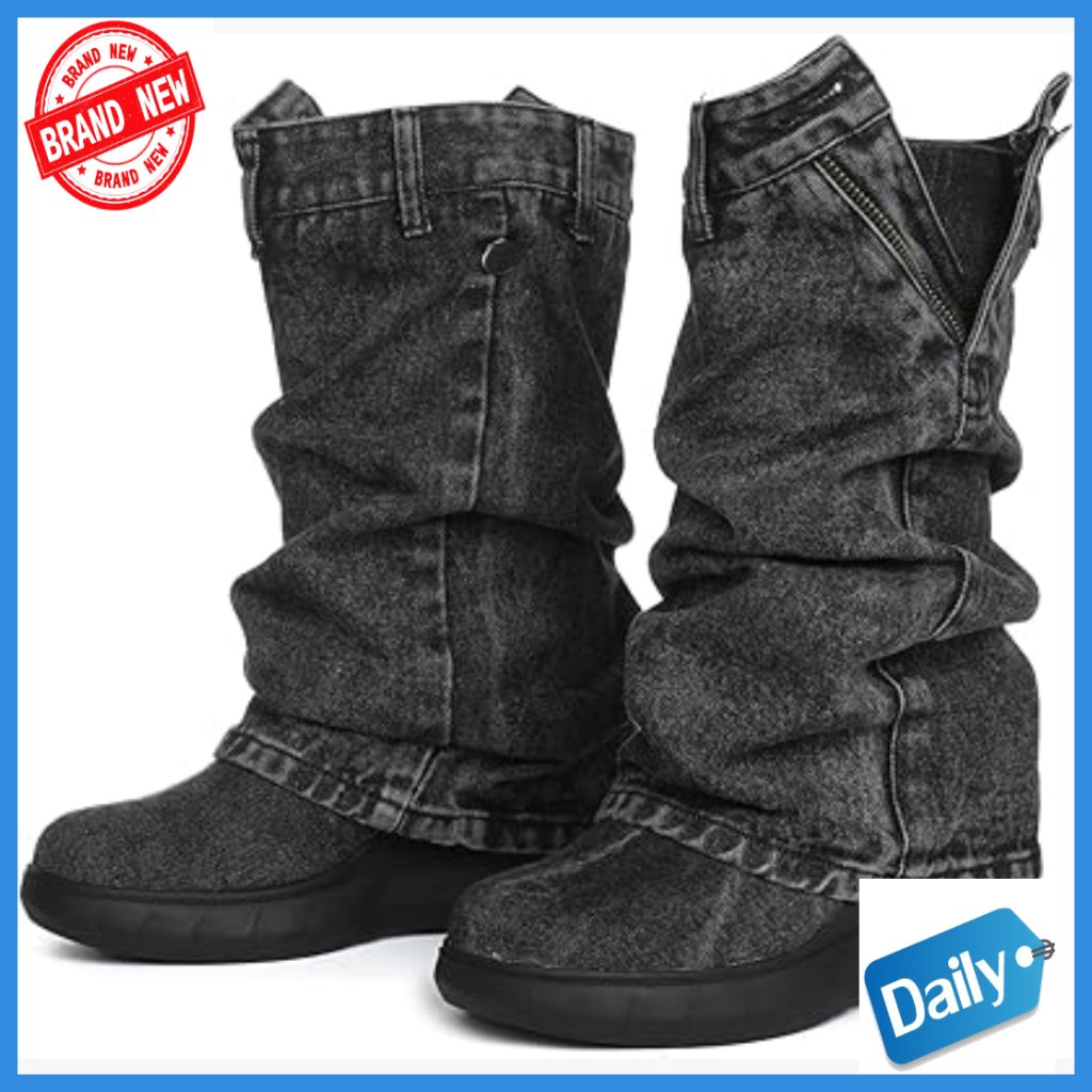 Denim Mid Calf Boots Fold Over Slouchy Platform Wedge Booties Detachable